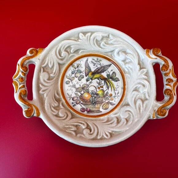 TWO HANDLED CERAMIC LITTLE MAJORKA DISH PLUS BOWL SET w/BIRD & FRUIT DESIGN - Picture 8 of 15